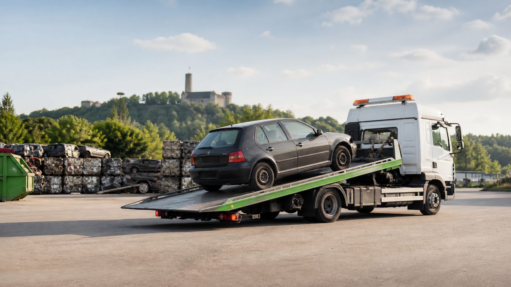 Altfahrzeug auf einem Abschleppwagen bei der fachgerechten Autoverwertung in Bielefeld
