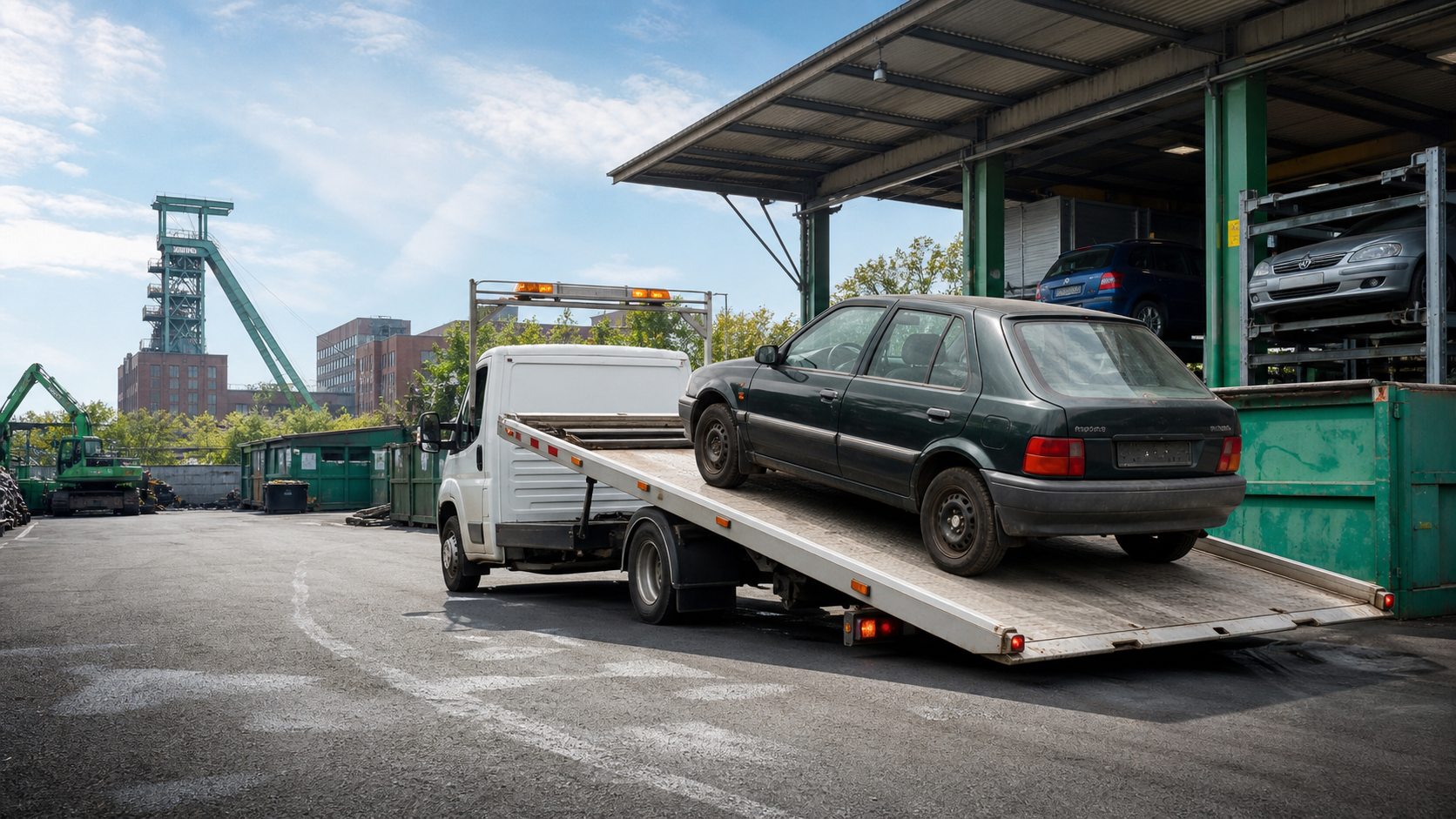 Altfahrzeug auf einem Abschleppwagen bei der fachgerechten Autoverwertung in Bochum