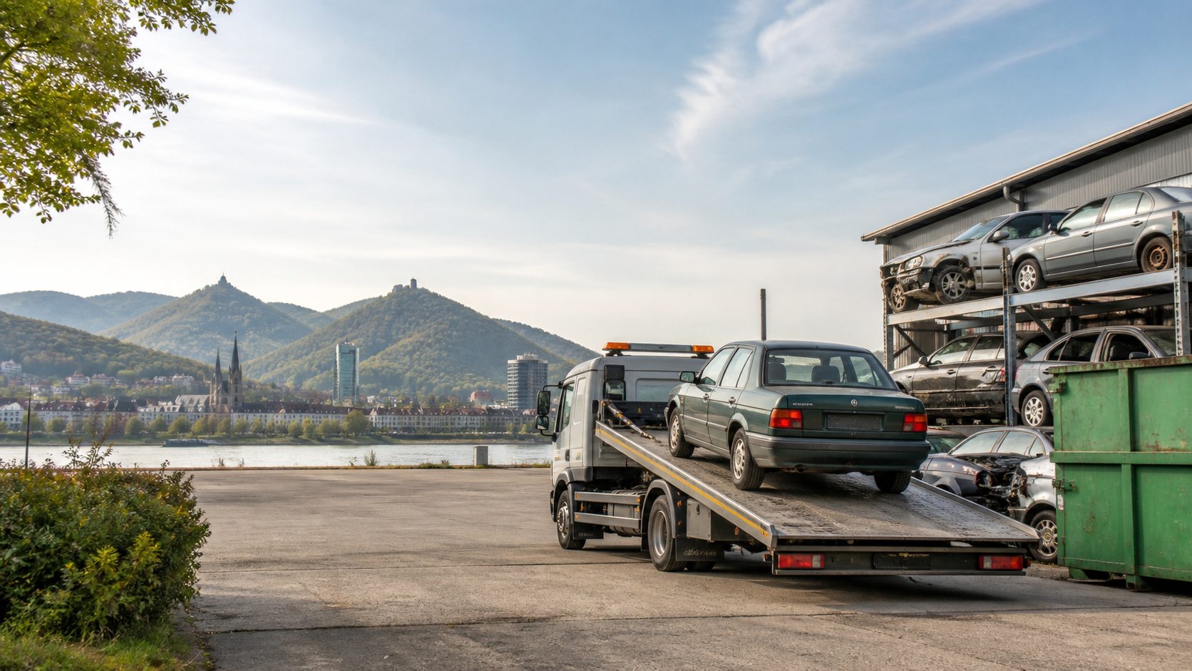 Altfahrzeug auf einem Abschleppwagen bei der fachgerechten Autoverwertung in Bonn