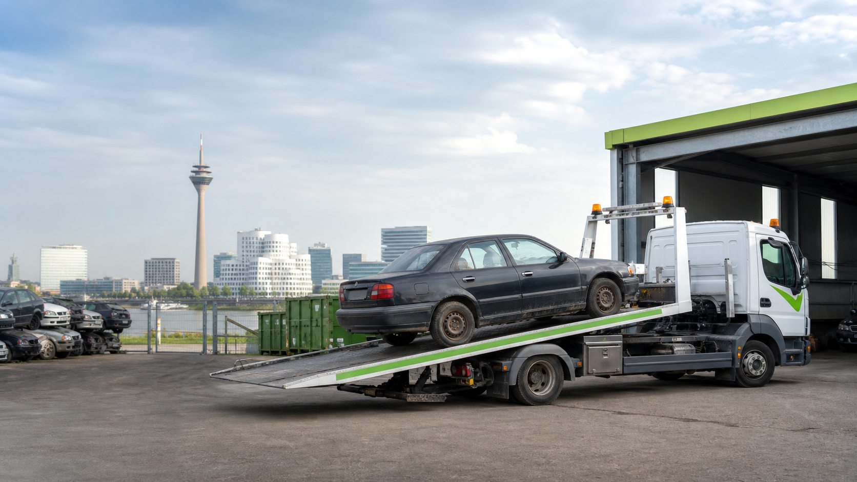 Altfahrzeug auf einem Abschleppwagen bei der fachgerechten Autoverwertung in Düsseldorf