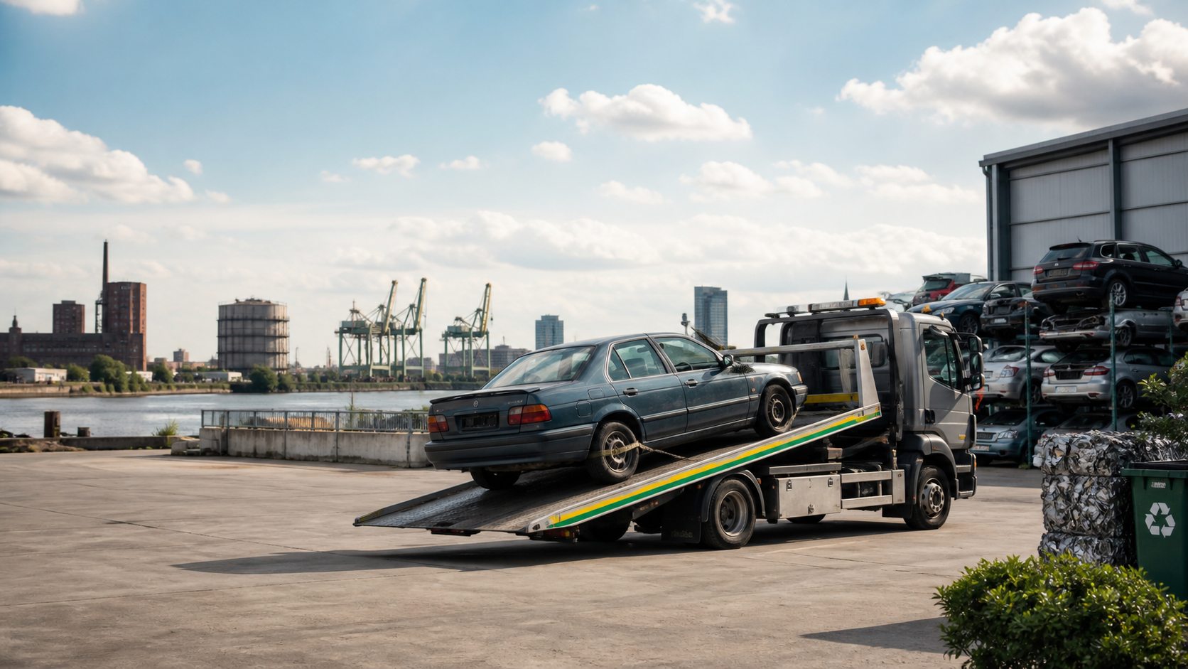 Altfahrzeug auf einem Abschleppwagen bei der fachgerechten Autoverwertung in Duisburg