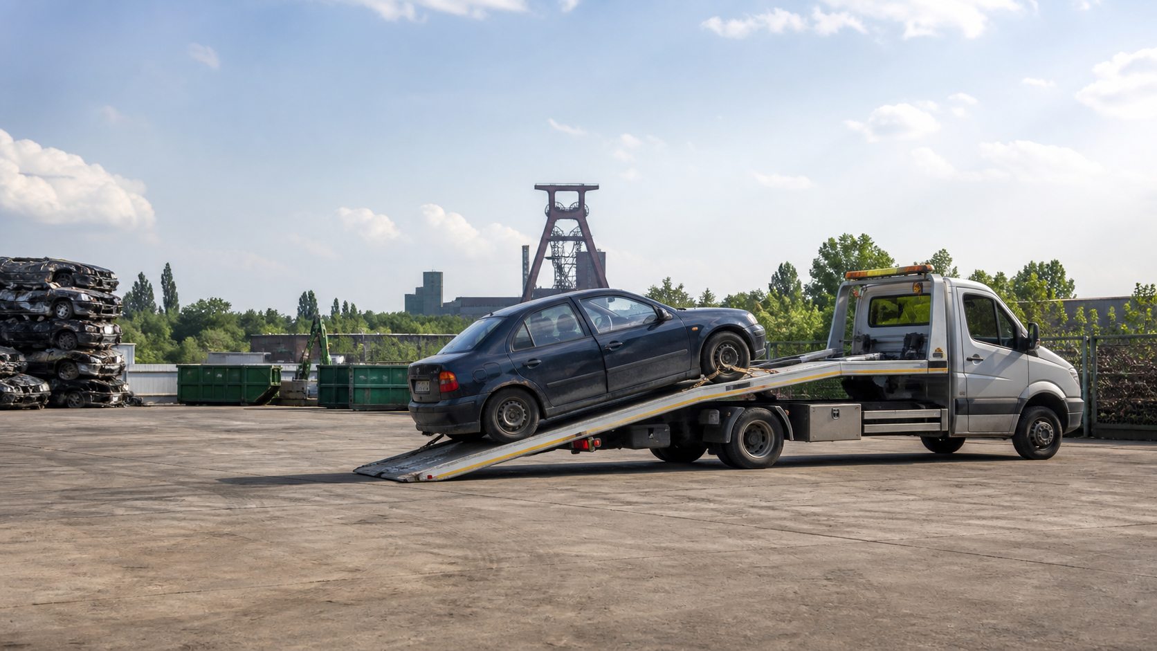 Altfahrzeug auf einem Abschleppwagen bei der fachgerechten Autoverwertung in Essen