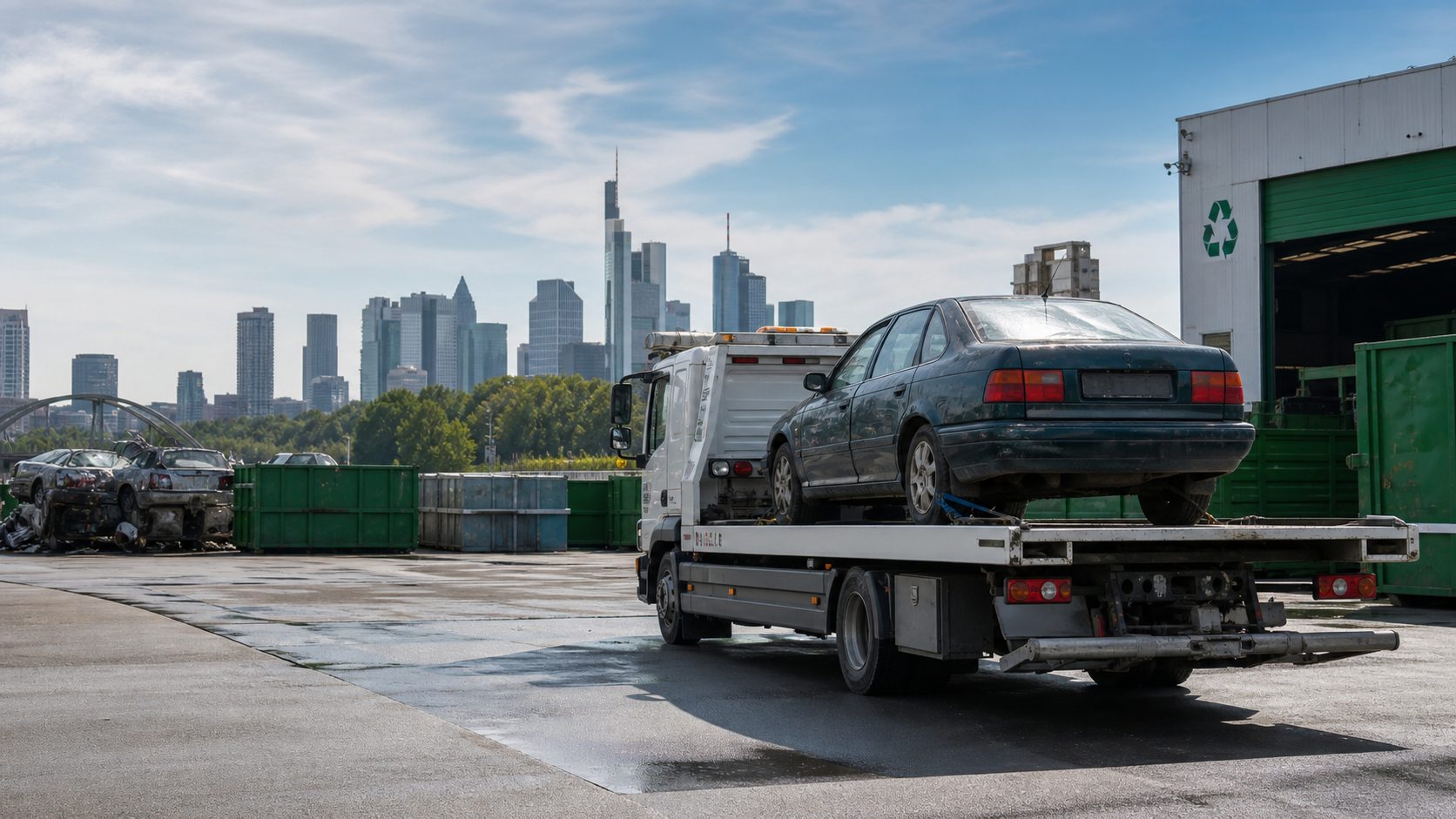 Altfahrzeug auf einem Abschleppwagen bei der fachgerechten Autoverwertung in Frankfurt am Main