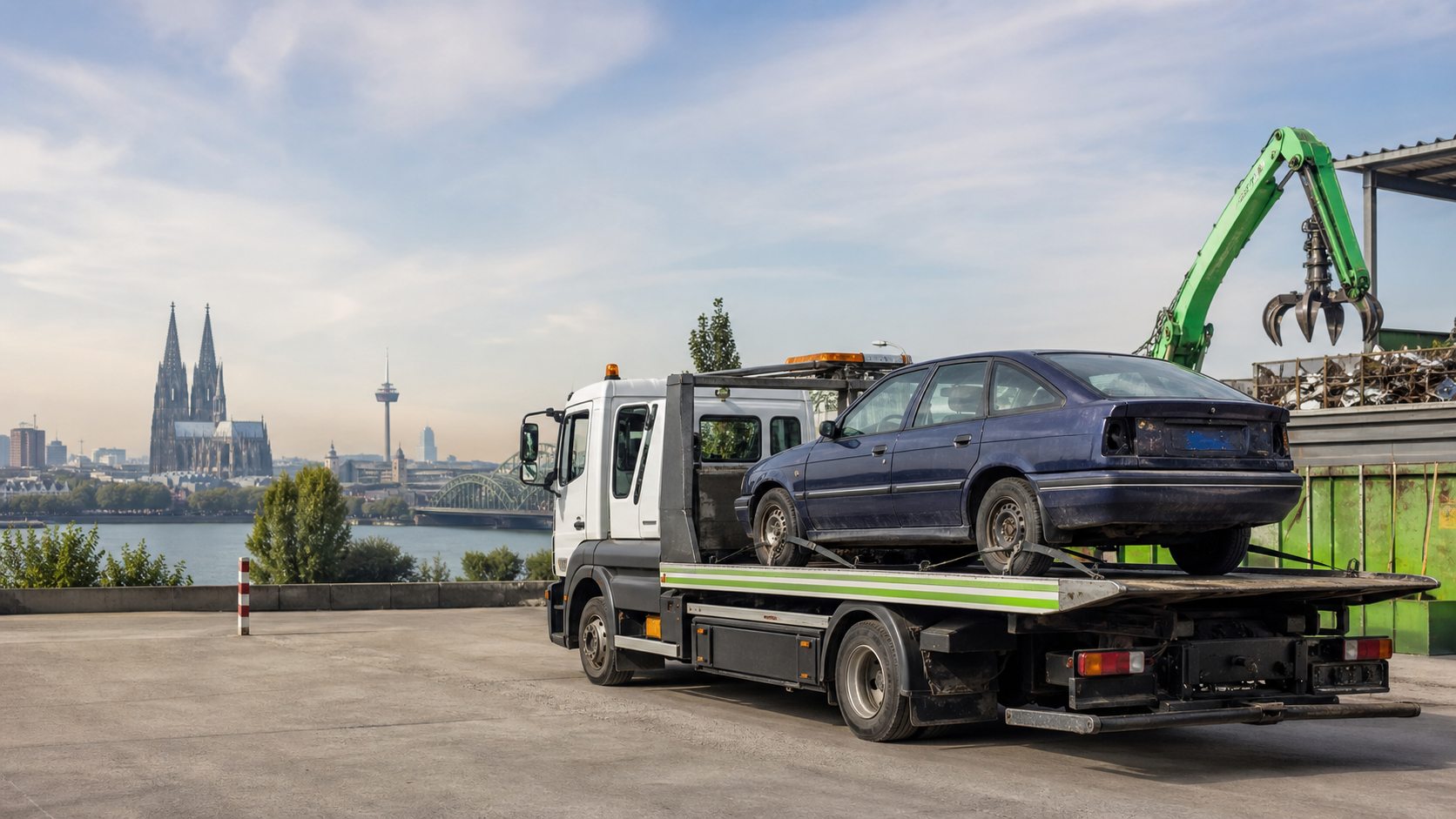 Altfahrzeug auf einem Abschleppwagen bei der fachgerechten Autoverwertung in Köln