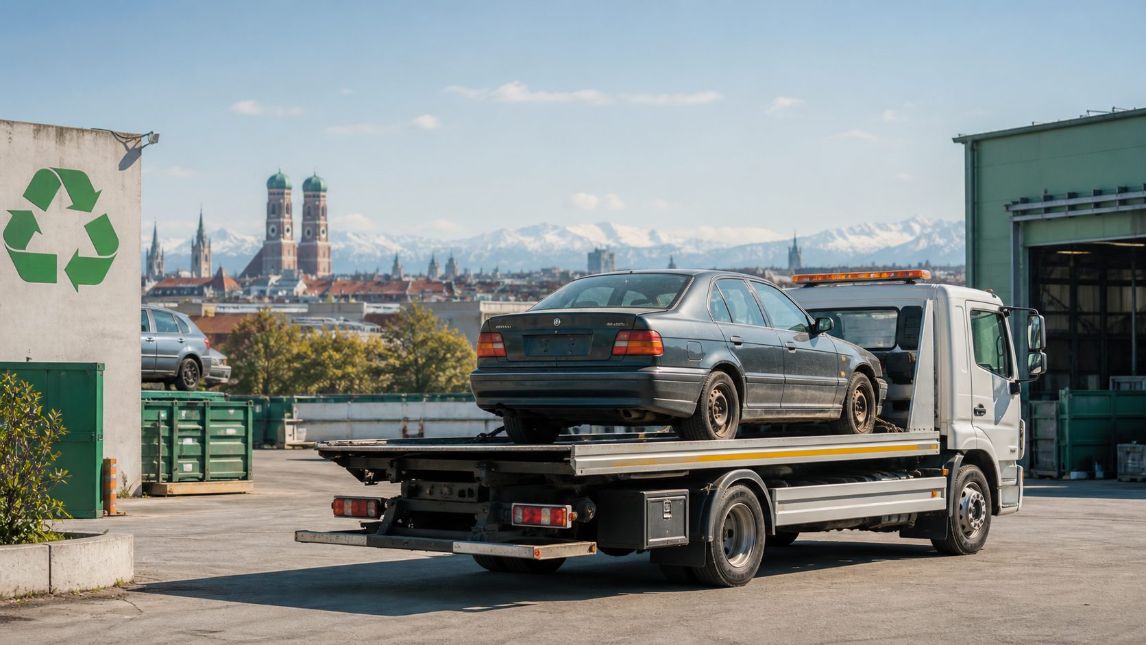 Altfahrzeug auf einem Abschleppwagen bei der fachgerechten Autoverwertung in München