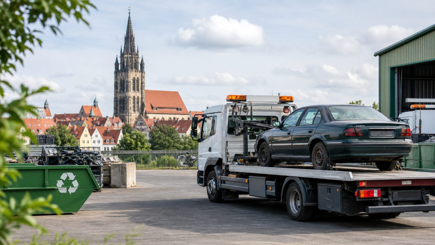 Altfahrzeug auf einem Abschleppwagen bei der fachgerechten Autoverwertung in Münster