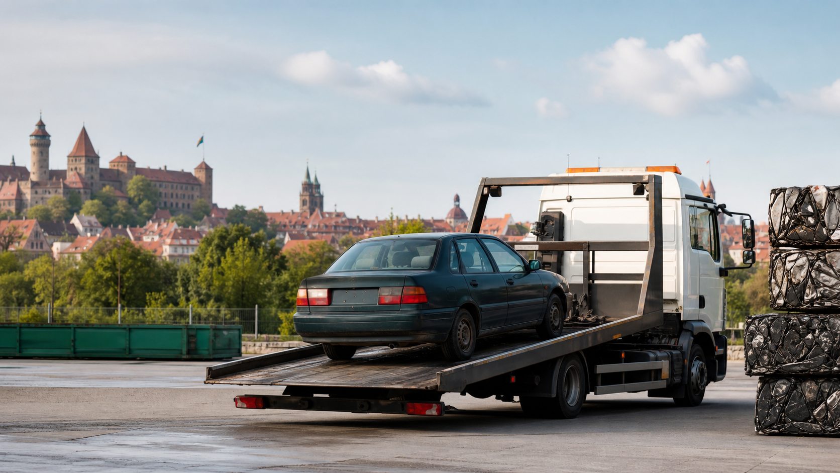 Altfahrzeug auf einem Abschleppwagen bei der fachgerechten Autoverwertung in Nürnberg