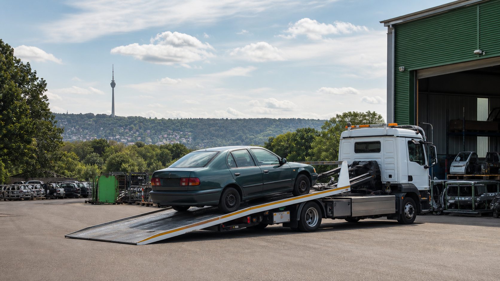 Altfahrzeug auf einem Abschleppwagen bei der fachgerechten Autoverwertung in Stuttgart