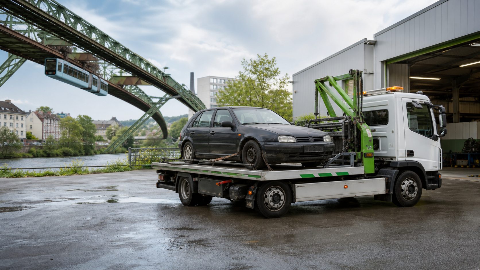 Altfahrzeug auf einem Abschleppwagen bei der fachgerechten Autoverwertung in Wuppertal