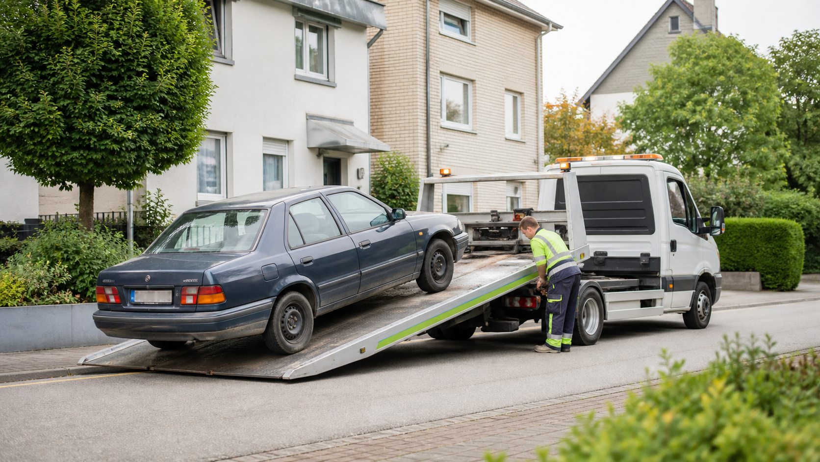 Fachgerechte Verladung eines nicht fahrbereiten Altfahrzeugs auf einen Abschleppwagen
