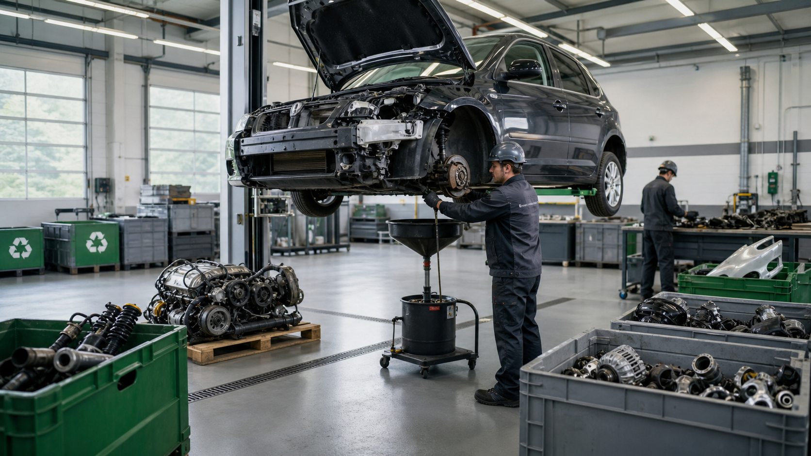 Mitarbeiter demontieren ein Altfahrzeug und sortieren wiederverwertbare Fahrzeugteile